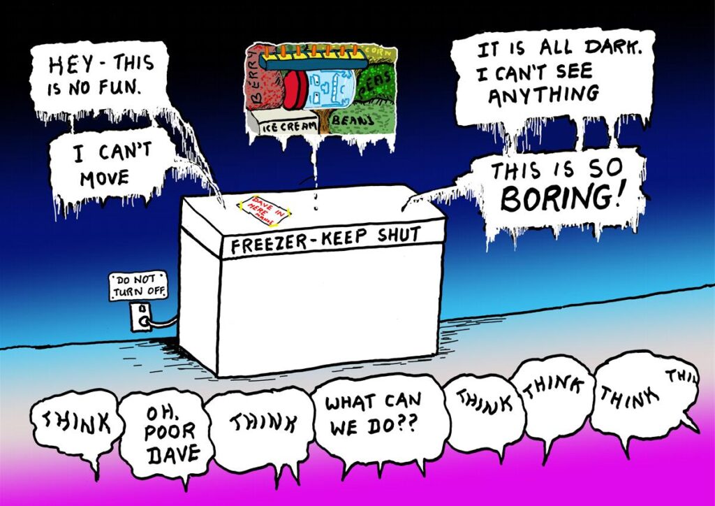 Cartoon. The children of Mahoe know atoms cannot move as freely in a solid as they can in a liquid. They decide to store the jar full of Dave the Liquid into the freezer. However he finds it too still, dark and silent in the freezer and starts complaining he is very bored.