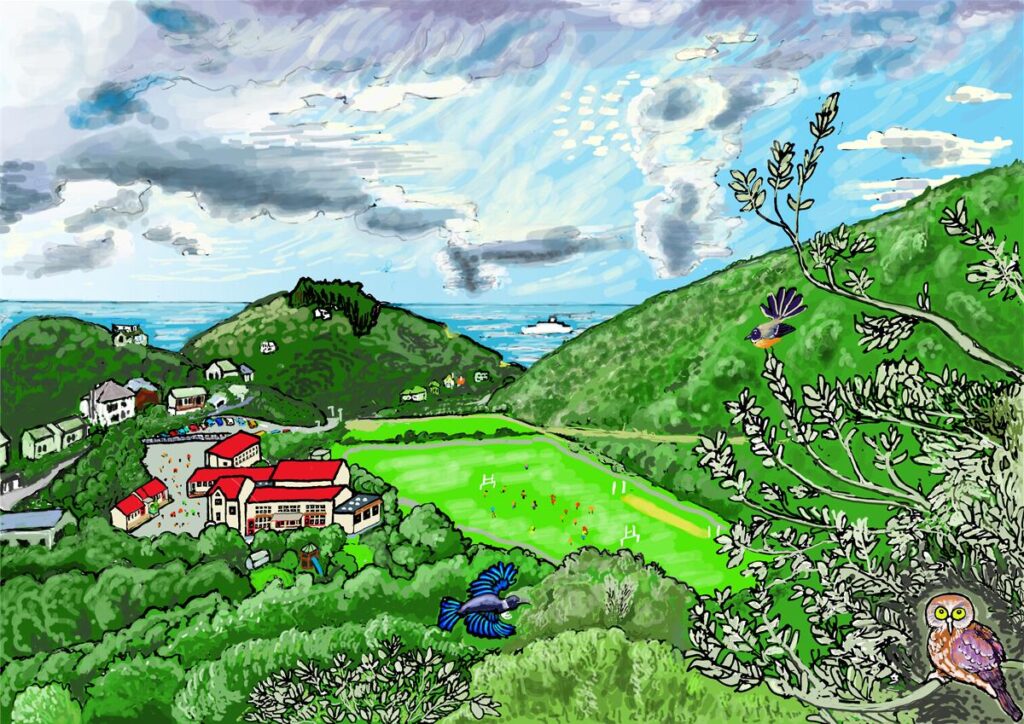 The school is called Te Kura o Haewai by some and Houghton Valley School by others. It nestles in a valley overlooking Raukawa Moana, which your maps may describe as Cooks Strait, in a country called Aotearoa, which your maps may describe as New Zealand. This is how the school might look if you were a tui or a seagull flying down the valley.
