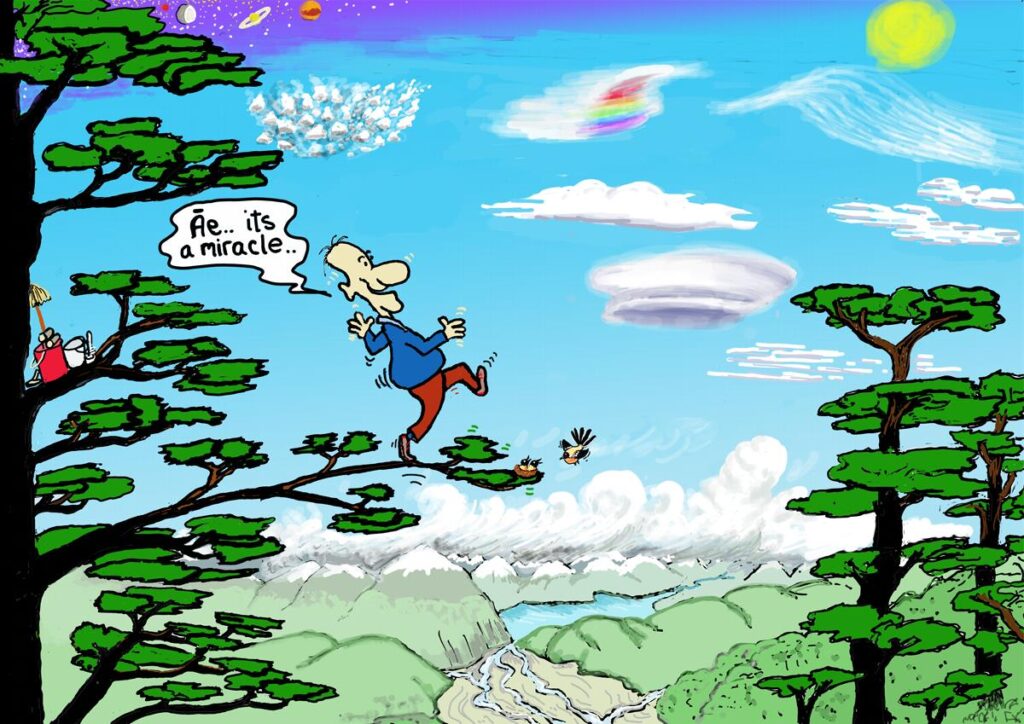 Dave the Cleaner believed the air is a miracle. A miracle is something so super amazing that makes you clap your hands and smile and even dance in wonder. Small changes in the air can make huge differences. The flows and balances have to be just right for us to stay alive.