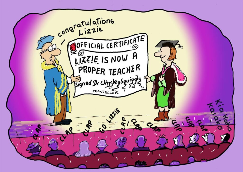 To become a teacher in a New Zealand school you have to get a special piece of paper or certificate from special bosses who know all about teaching in a New Zealand school. 