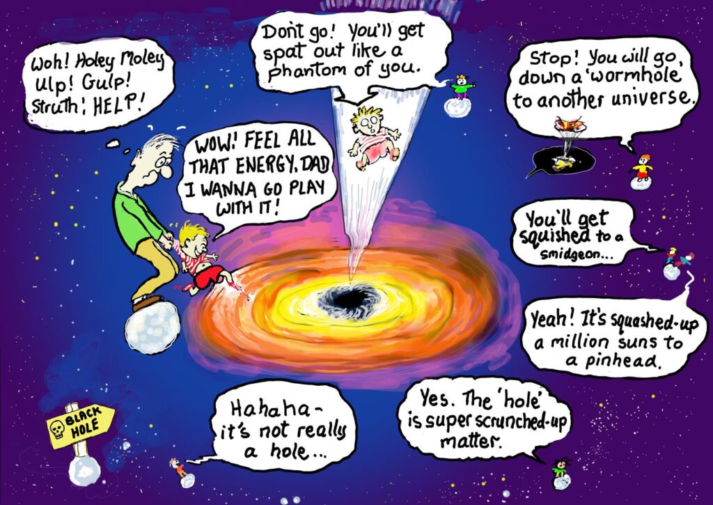 Education of cognitive linquistics
A father restrains his son who is excited to leap into a “Black Hole” to experience gravity. Other children on nearby asteroids call out, warning of the risks. The cartoon expresses our ambivalent attitude to energy.
