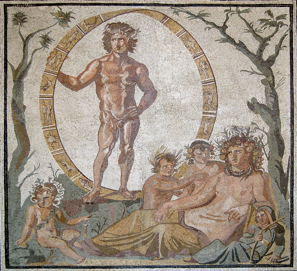 Aion, the god of eternity, is standing inside a celestial sphere (a Mobius loop) Sitting in front of him is the mother-earth goddess, Tellus (the Roman counterpart of Gaia) with her four children (the four seasons?)
Aion floor tile mosaic c400AD
Glyptothek Munich W504.jpg
