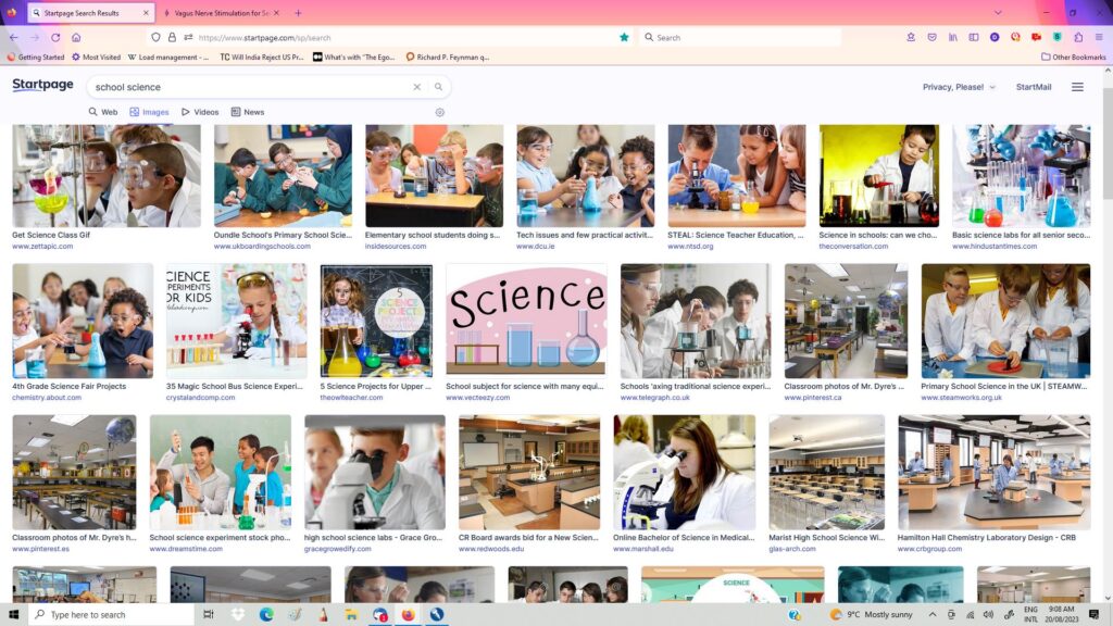 Here is a screen shot of a Web search 20 August 2023 asking for images of "school science " The search generated hundreds of similar images of glass test-tubes, microscope, white coats and sterile classrooms. Few images, if any, remind us that science is a profound moral way of being, informing all the decisions of our daily lives.