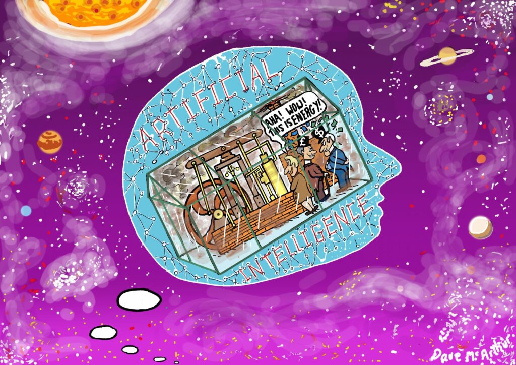 The cartoon illustrates how our “Artificial Intelligence” reflects our contemporary Anglo culture, which is founded in the English Combustion Revolution and the associated belief that Earth’s atmosphere works like a greenhouse.