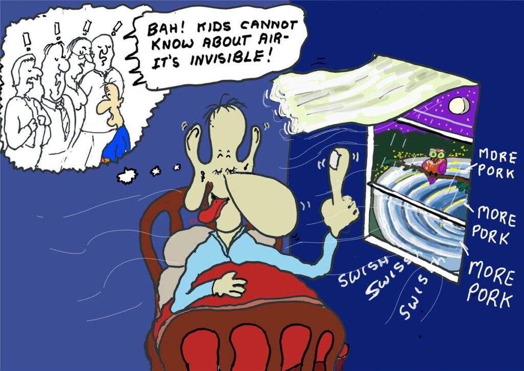 Cartoon
Dave the Cleaner sat up in bed in the night hearing voices of teachers saying “Huh, it is impossible to teach five-year-old's about air because it is invisible.” Suddenly his nose, his ears, his finger and his tongue grew large as he remember he could smell, hear, feel and taste the invisible air.