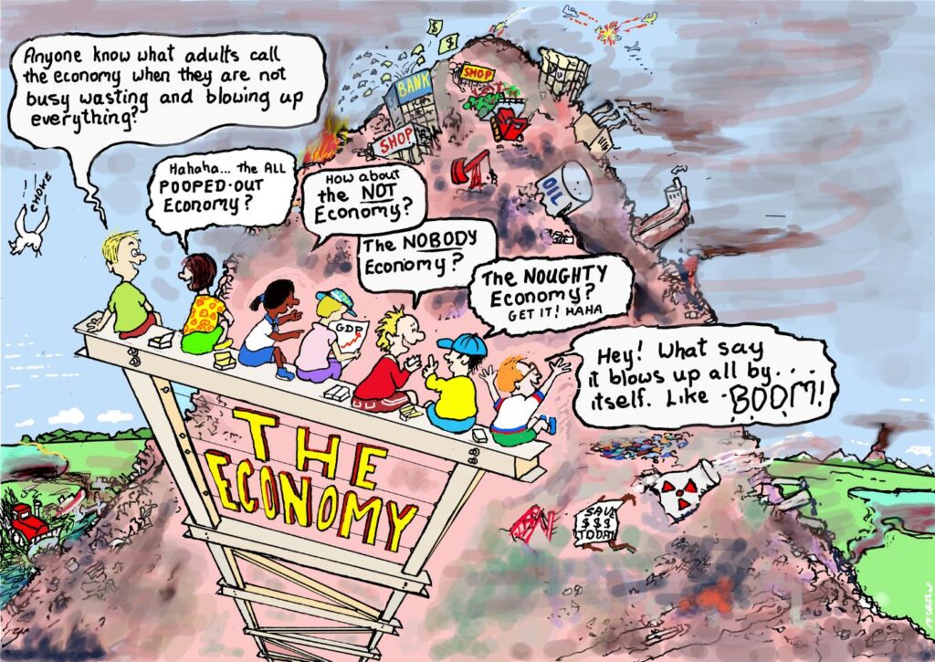 Children sit high on a steel girder studying a massive dump and trying to make sense of the word "economy".