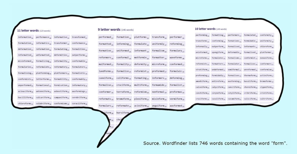 Speech bubble containing about 300 words containing the word "form"