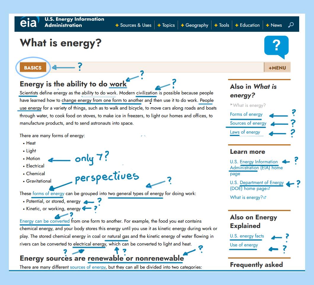 Screenshot (October 24) of the US Energy Information Administration’s website page explaining energy. 
Unsustainable words and phrases are marked by arrows and question marks. A question mark indicates a word lacks transcendent power and/or is nonsensical in terms of the Conservation of Energy Principle. 